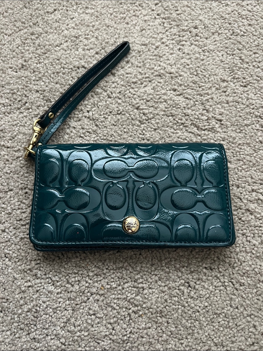 Coach Teal Patent Leather Wristlet Wallet with Signature Embossing